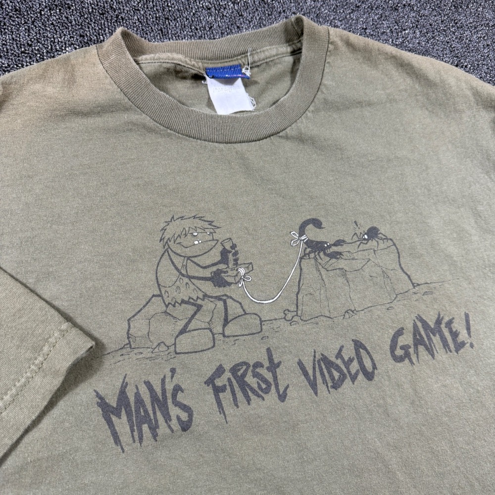 Vintage MOST Mans First‎ Video Game Men's XL Olive Green Caveman Gaming Y2K Nerd